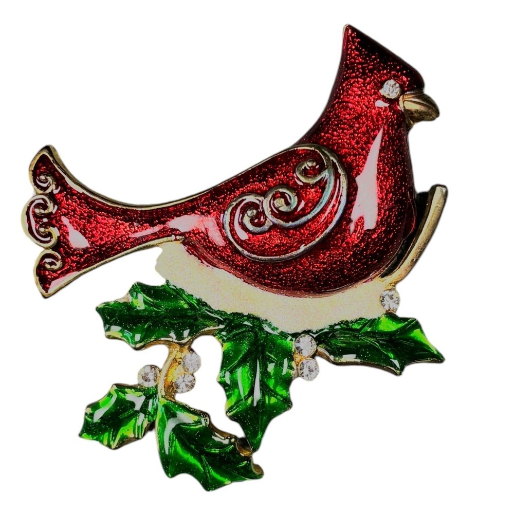Vintage K.C. Red Cardinal Holly Brooch Enamel Rhinestone Signed Christmas Pin